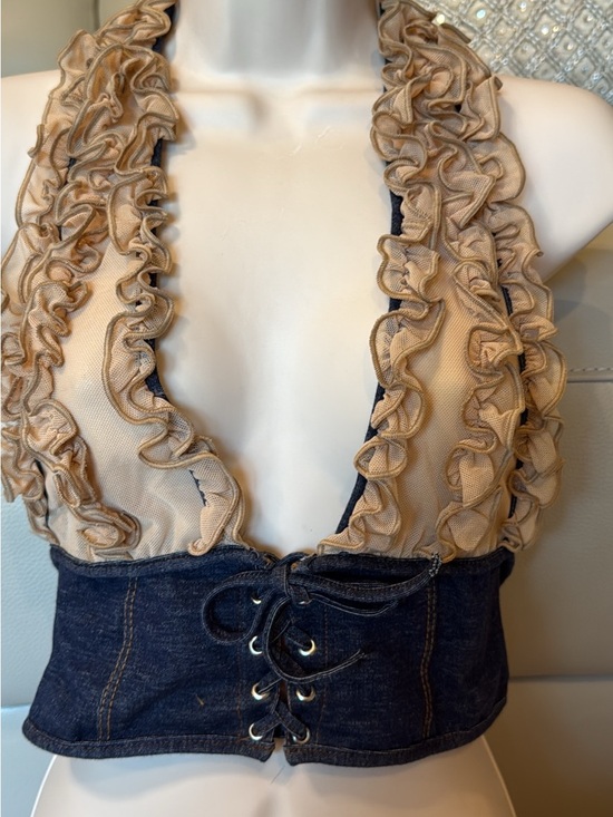 Tops - Women Tan Blue Ruffle Halter Jeans denim crop Top stretch sheer rave dance club
